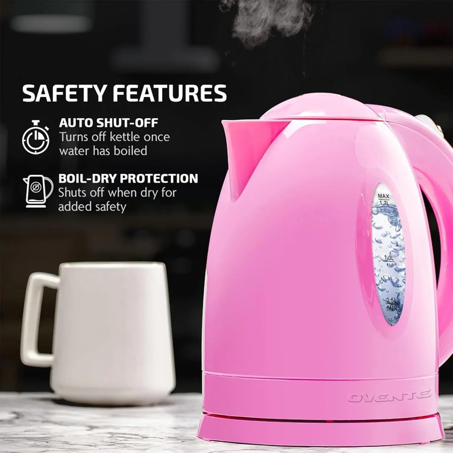 OVENTE Electric Kettle Hot Water Heater 1.7 Liter - BPA Free Fast Boiling Cordless Water Warmer - Auto Shut Off Instant Water Boiler for Coffee & Tea Pot - Black KP72B - USA MEGA SHOP