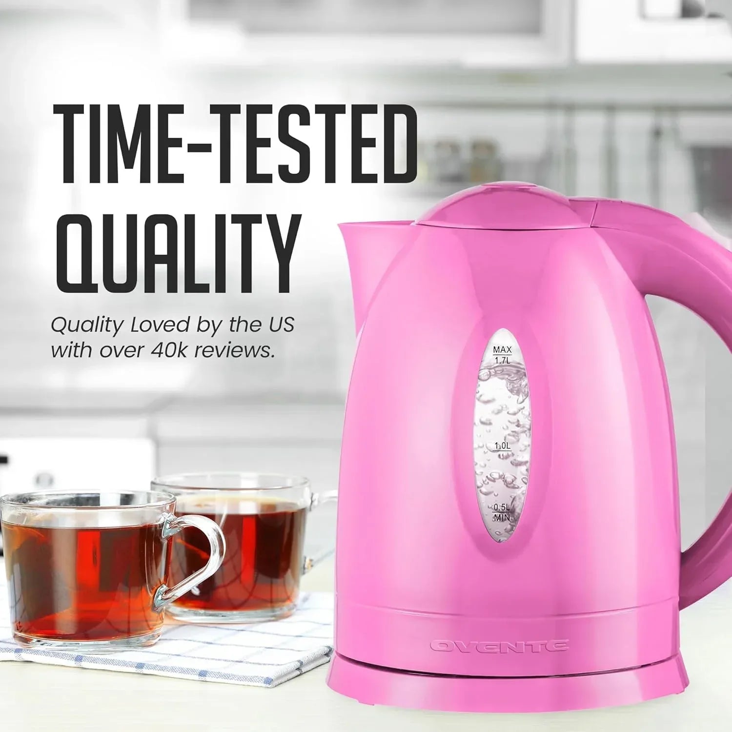 OVENTE Electric Kettle Hot Water Heater 1.7 Liter - BPA Free Fast Boiling Cordless Water Warmer - Auto Shut Off Instant Water Boiler for Coffee & Tea Pot - Black KP72B - USA MEGA SHOP