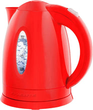 Red electric kettle with water-level window, cordless body, and curved handle
