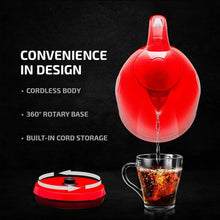 Red cordless electric kettle with 360 rotary base and pouring spout