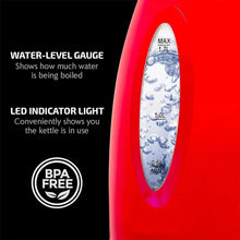 Red electric kettle water-level gauge with LED indicator and BPA-free icon