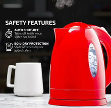 Red electric kettle with steam vent and safety icons for auto shut-off