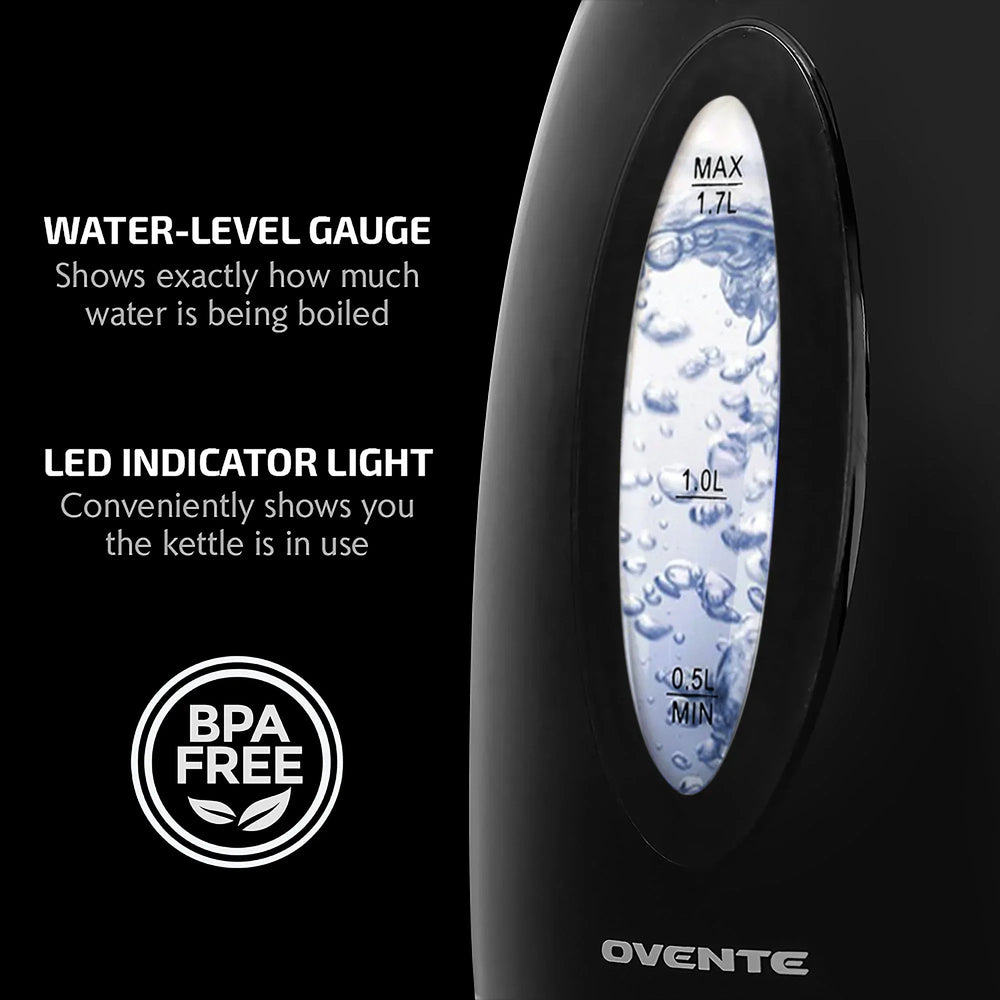 OVENTE Electric Kettle Hot Water Heater 1.7 Liter - BPA Free Fast Boiling Cordless Water Warmer - Auto Shut Off Instant Water Boiler for Coffee & Tea Pot - Black KP72B - USA MEGA SHOP