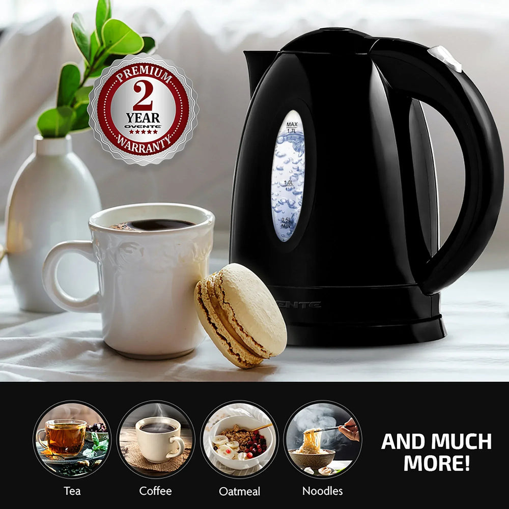 OVENTE Electric Kettle Hot Water Heater 1.7 Liter - BPA Free Fast Boiling Cordless Water Warmer - Auto Shut Off Instant Water Boiler for Coffee & Tea Pot - Black KP72B - USA MEGA SHOP