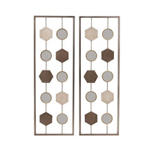 Set of 2 metal geometric wall decor panels, bronze frames with mixed circles and hexagons