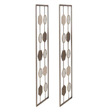 Set of 2 metal geometric wall decor panels, tall frames with stacked circles and hexagons