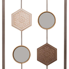 Metal geometric wall decor panel detail, hexagon and circle medallions with gold trim