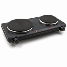 Black electric double cast burner hot plate with two round coil plates and control knobs