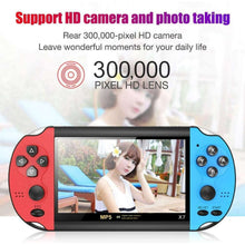 Handheld retro game console screen shows a portrait photo, red and blue controls