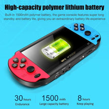 Handheld retro game console with battery indicator, red left and blue right body