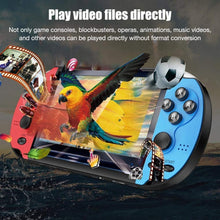 Handheld retro game console with screen showing video playback and red-blue button layout