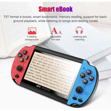 Handheld retro game console with screen showing text and red left, blue right controls