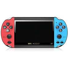 Red and blue handheld retro game console with front touchscreen and control buttons
