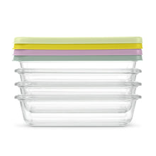 Stacked glass meal prep containers with lime, purple, and mint lids and clear bases