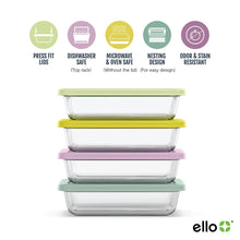 Stacked glass meal prep containers with lime, purple, and mint lids on clear bases