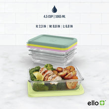 Glass meal prep container with food, lime-green lid, and stacked purple and yellow-topped containers