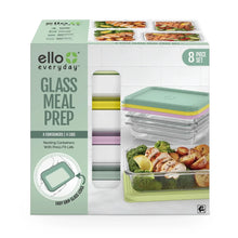 Ello Everyday glass meal prep set with clear containers and lime, purple, and mint lids, 8-piece