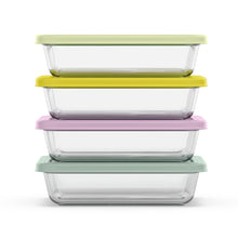 Glass meal prep containers with colorful snap lids (lime, yellow, purple, mint), set of 8