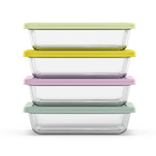 Glass meal prep containers with lime, purple, and mint lids, stackable 4.5-cup set