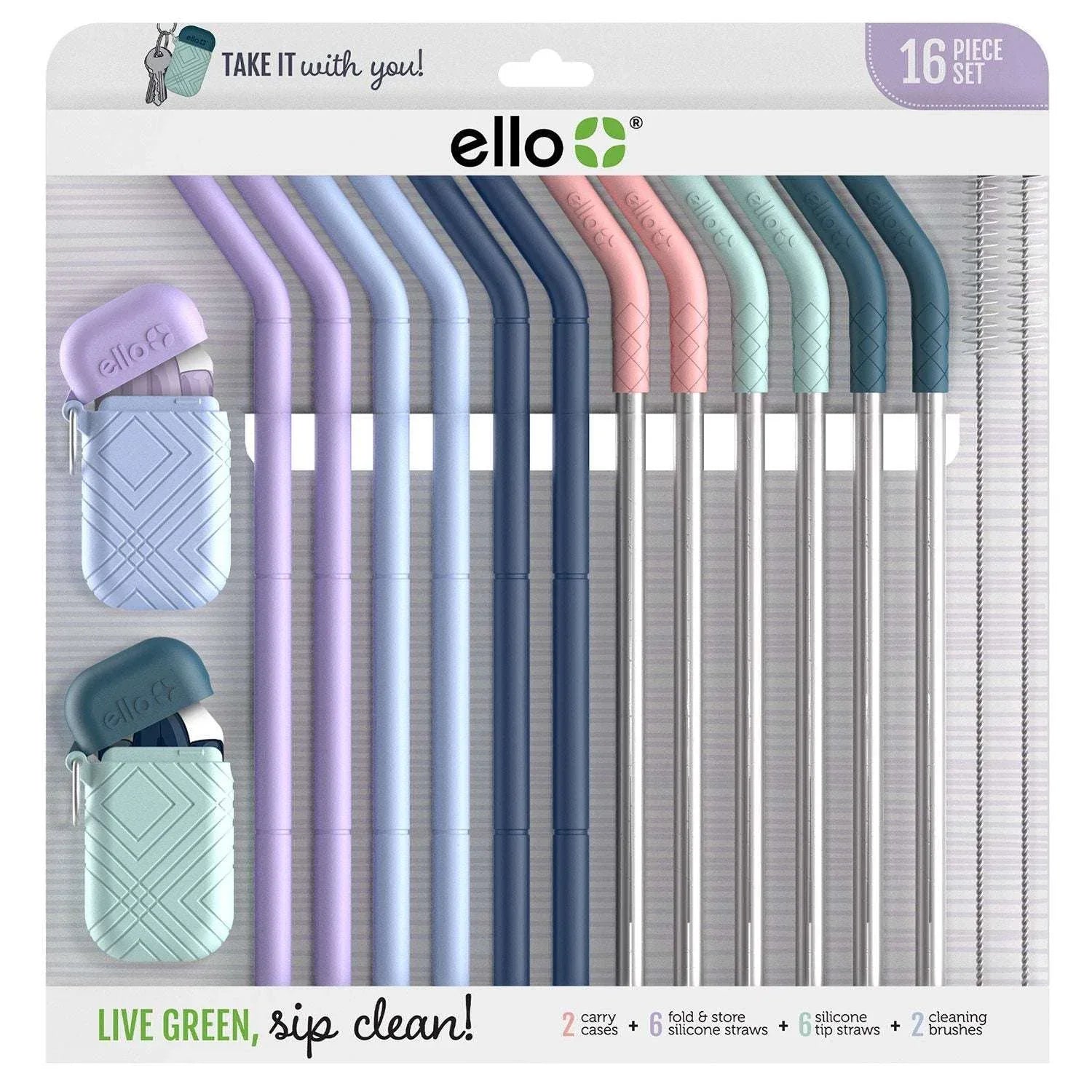Ello 16-Piece Reusable Straw Set with Cleaning Brush - USA MEGA SHOP