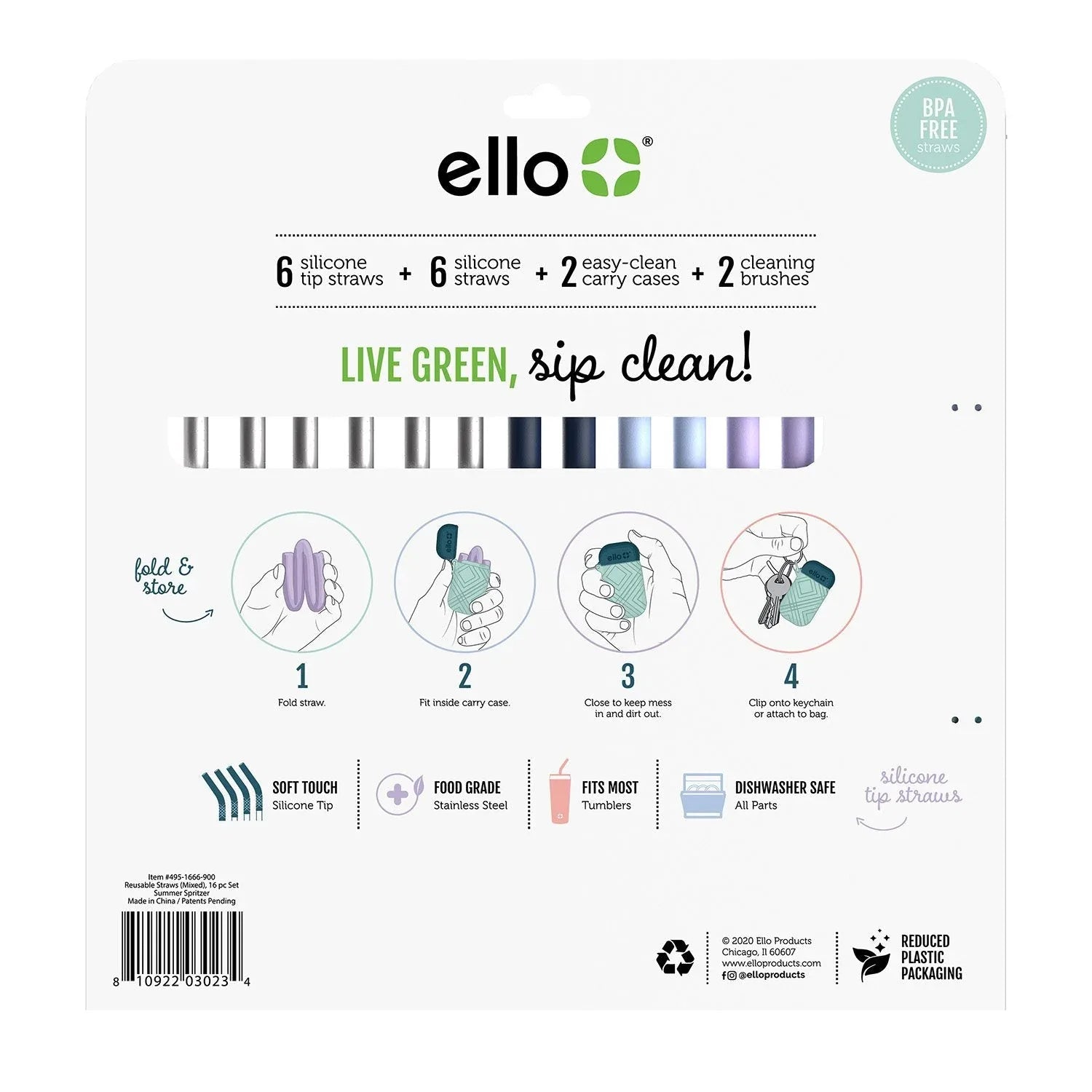 Ello 16-Piece Reusable Straw Set with Cleaning Brush - USA MEGA SHOP