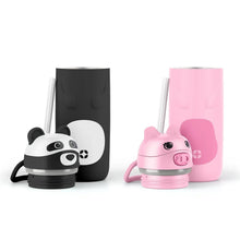 Kids stainless steel water bottles with straw lids, panda black and pig pink, standing
