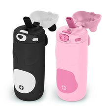 Two kids stainless steel vacuum bottles with straw lids, black panda and pink pig