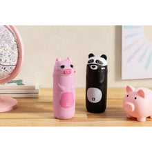 Two kids stainless steel water bottles with straw lids, pink pig and black panda designs