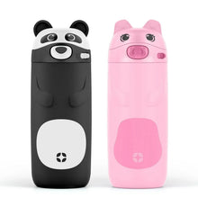 Kids stainless steel water bottles, panda black and pink pig with straw lids
