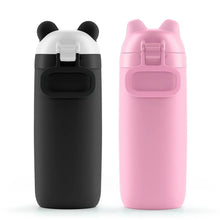 Kids stainless steel water bottles, black panda and pink pig, with straw lids