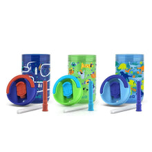 Three kids’ Tritan tumblers with flip lids and straws, colorful dinosaur prints