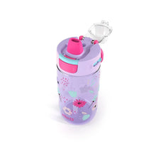Lavender kids water bottle with pink flip spout and teal inner lid, animal print