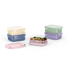 Meal prep container set of plastic boxes with lids in pastel colors, plus extra lids