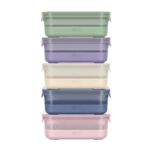 Plastic meal prep storage containers with lids, stacked in green, purple, beige, blue, pink