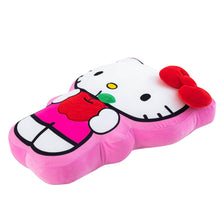 Pink cloud-shaped plush pillow with Hello Kitty face, red bow, and red heart detail.