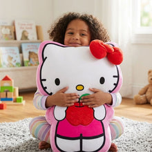 Cloud-shaped plush pillow with Hello Kitty face, pink border, and red bow on top.