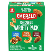 Emerald 100 Calorie Variety Pack nut snack box, green packaging, 18 packs.
