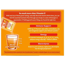 Vitamin C drink mix box back with Immune Support, Energy, and Electrolytes text and icons
