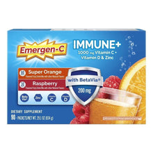 Emergen-C Immune+ 1000 mg vitamin C drink mix box, super orange raspberry flavor, 90 packets