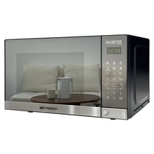 Countertop microwave with mirror-finish stainless front and touch control panel