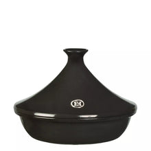 Emile Henry Flame tagine with domed lid, dark glazed ceramic, vent knob and logo