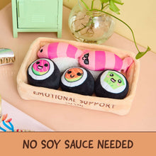 Plush sushi emotional support toy set in beige basket with three roll pals visible