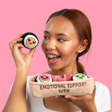 Plush sushi emotional support basket with five roll pals and one single roll toy