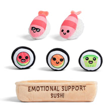 Plush sushi emotional support toy set with five roll pals and beige carrying basket