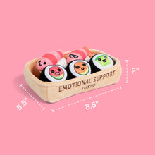 Plush sushi emotional support toy set in beige basket with five roll pals and size marks