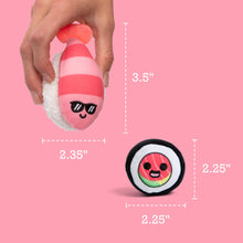 Plush sushi emotional support roll in hand, with 2.35 in and 3.5 in size marks
