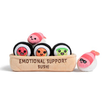 Plush sushi emotional support toy set in beige basket with five roll pals