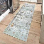 Light gray area rug runner with Tree of Life pattern, muted multicolor details