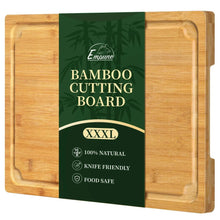 Bamboo cutting board with built-in side handles and rounded corners, natural wood grain
