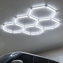 Hex ceiling light panels with bright white LED glow